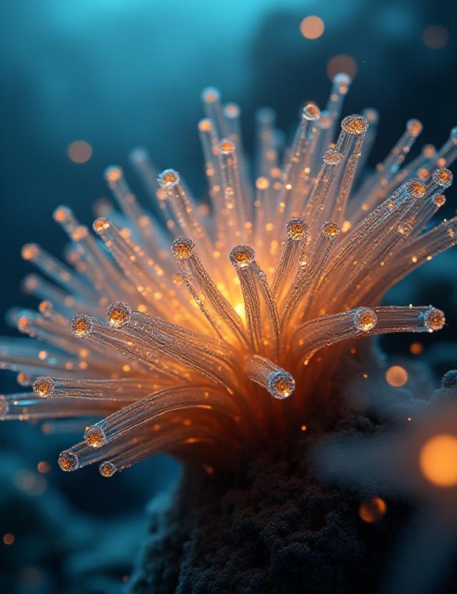 Interconnected bioluminescent nodes forming a digital reef